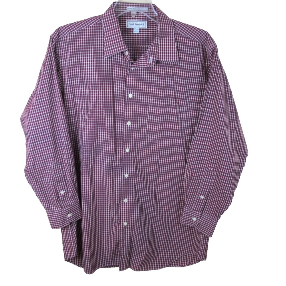Paul Fredrick Trim Fit Cotton‎ Dress Shirt Men's Size 17.5-33 Non-Iron Check